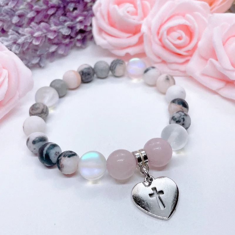 personalized bracelet with engraved message for family reunion-Love & Faith Classic Charm Bracelet Rose Quartz