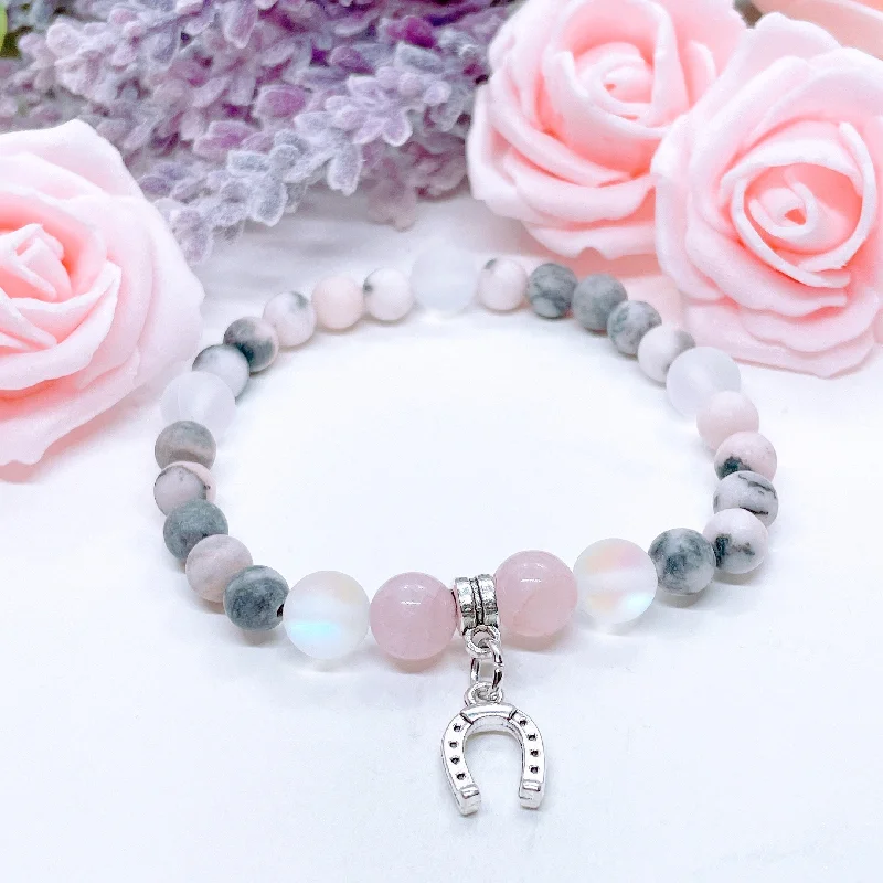 custom silver bracelet with gemstone for rejuvenation and growth-Lucky Horseshoe Companion Charm Bracelet Rose Quartz