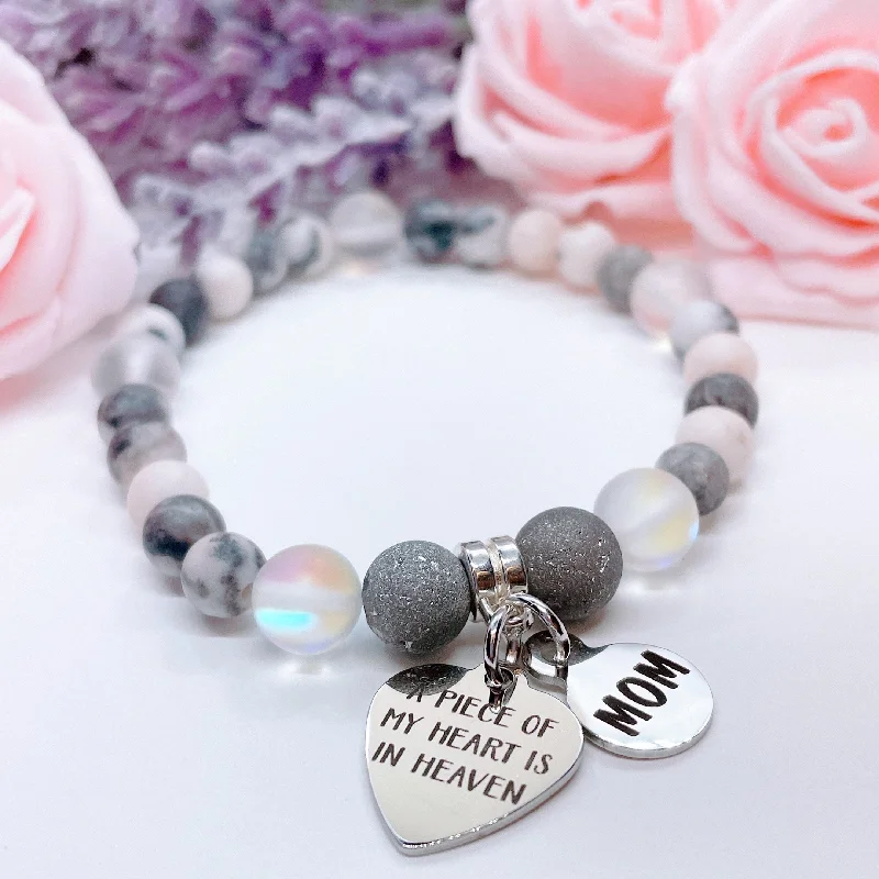 custom bracelet with engraved coordinates for unforgettable trip-Mom: A Piece of my Heart is in Heaven Heart Companion Charm Bracelet Druzy