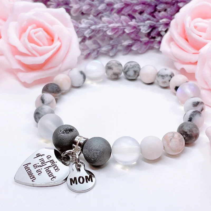 custom bracelet with gemstone for stress relief and healing-Mom: A Piece of my Heart is in Heaven Heart Classic Charm Bracelet Druzy