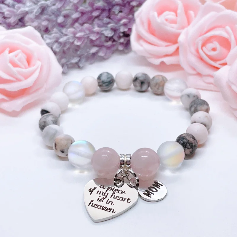 personalized bracelet with gemstone for personal balance-Mom: A Piece of my Heart is in Heaven Heart Classic Charm Bracelet Rose Quartz