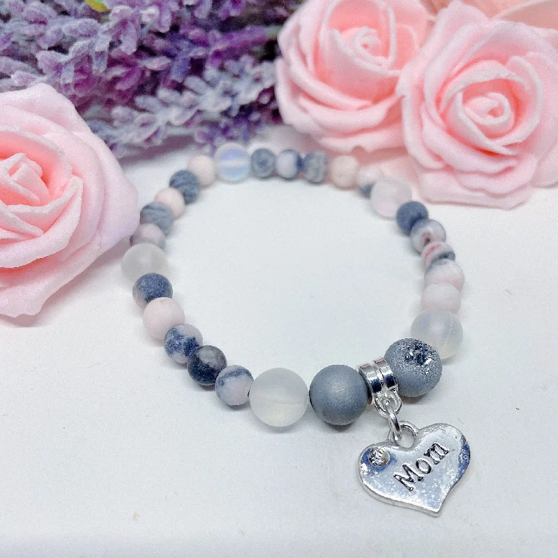 silver bracelet with gemstone beads for peace and clarity-Mom Heart Companion Charm Bracelet Druzy