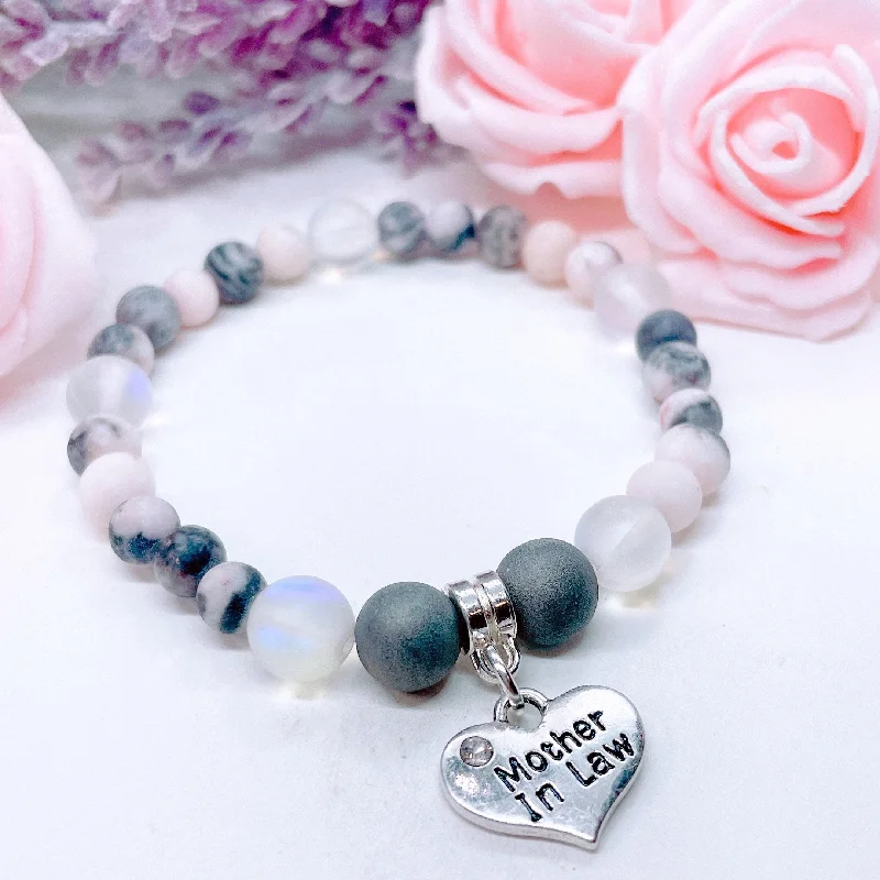 custom bracelet with engraved coordinates for unforgettable trip-Mother-In-Law Heart Companion Charm Bracelet Druzy