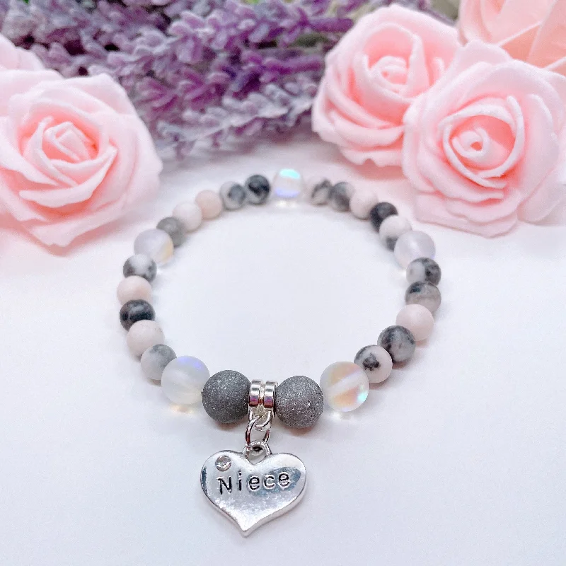 personalized silver bracelet with engraved name for family-Niece Heart Companion Charm Bracelet Druzy