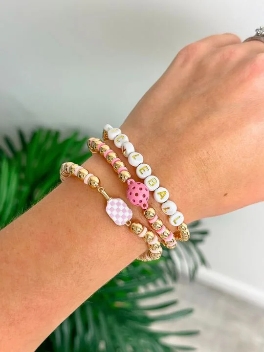 silver bracelet with gemstone for good luck and success-Pickleball Stretch Bracelet Set - Pink Check