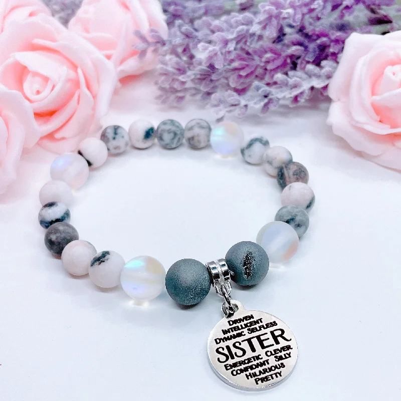 silver bracelet with engraved coordinates for special memories-Sister Sentiments Classic Charm Bracelet Druzy