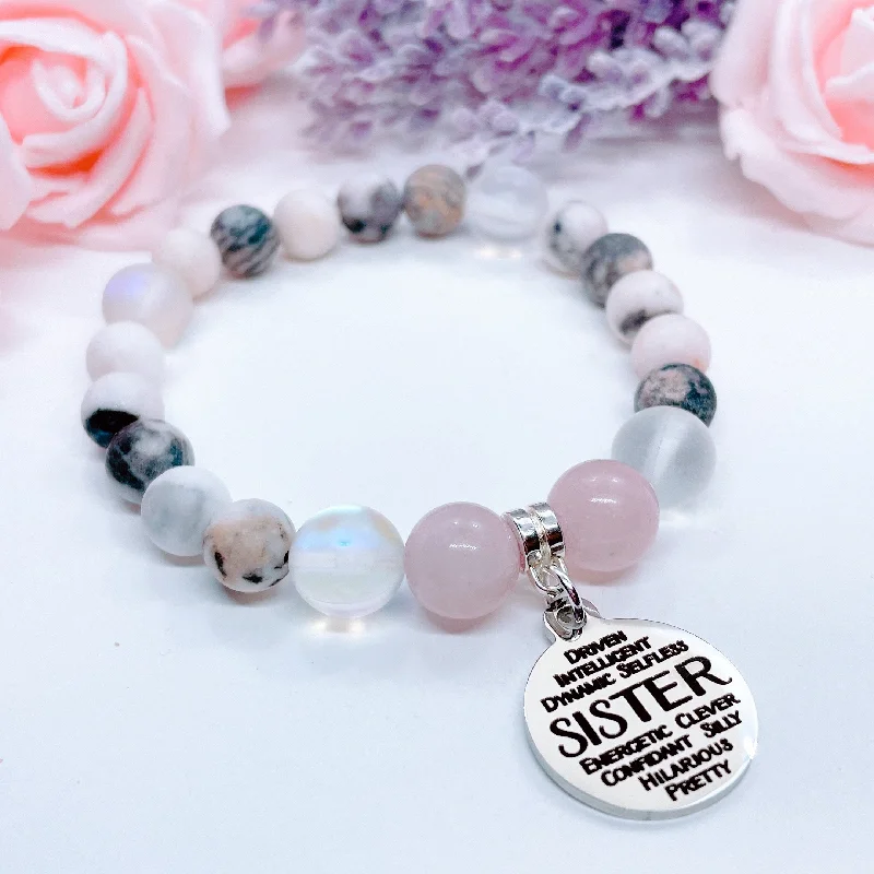 custom silver bracelet with birthstone for family celebration-Sister Sentiments Classic Charm Bracelet Rose Quartz