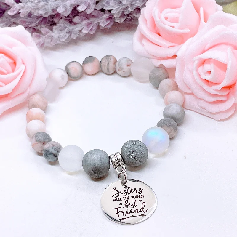 silver bracelet with charm for friendship and support-Sisters Make the Perfect Best Friend Classic Charm Bracelet Druzy