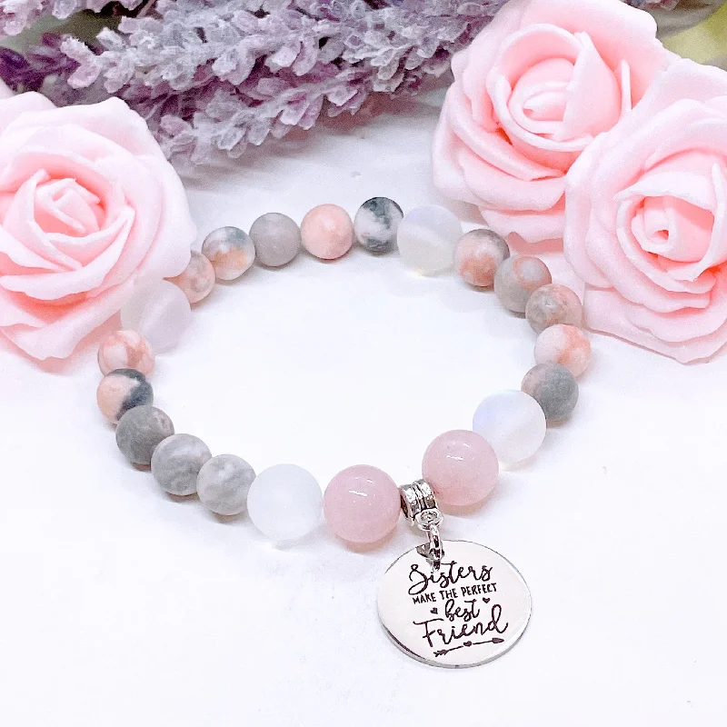 personalized silver bracelet for family gift with birthstones-Sisters Make the Perfect Best Friend Classic Charm Bracelet Rose Quartz