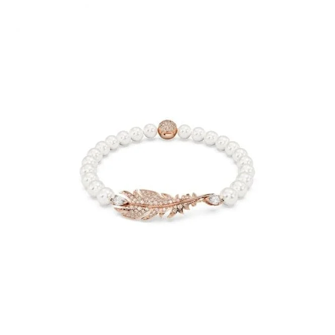 silver bracelet with gemstone beads for balance and inner peace-Nice White Rose Gold-tone Plated Feather Bracelet