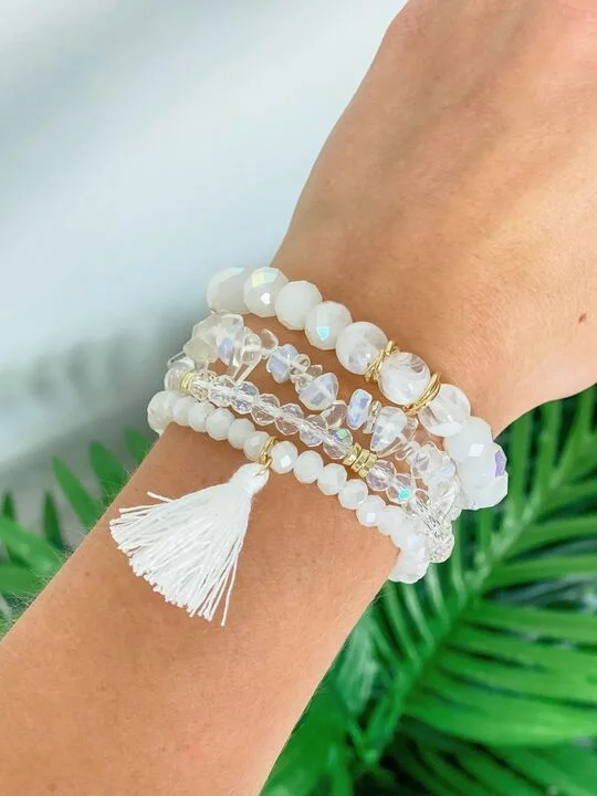 personalized silver bracelet for him with engraved initials-Tassel Stretch Beaded Bracelet Stack - White