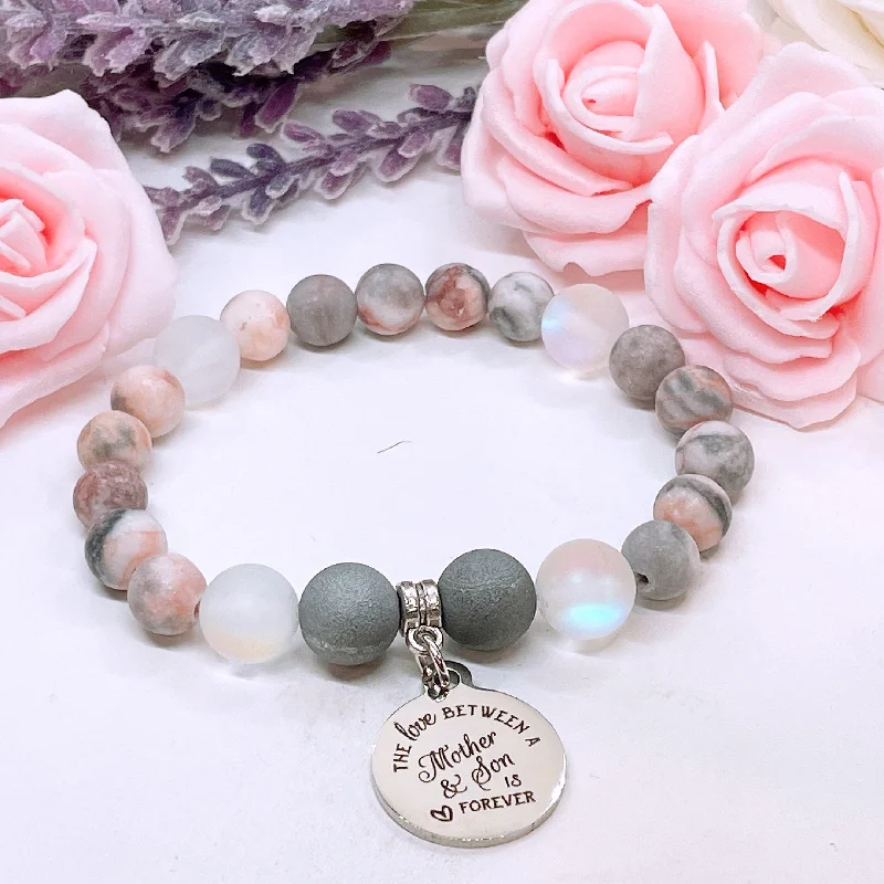 custom leather bracelet with initials for personalized gift-The Love Between a Mother and her Son is Forever Classic Charm Bracelet Druzy