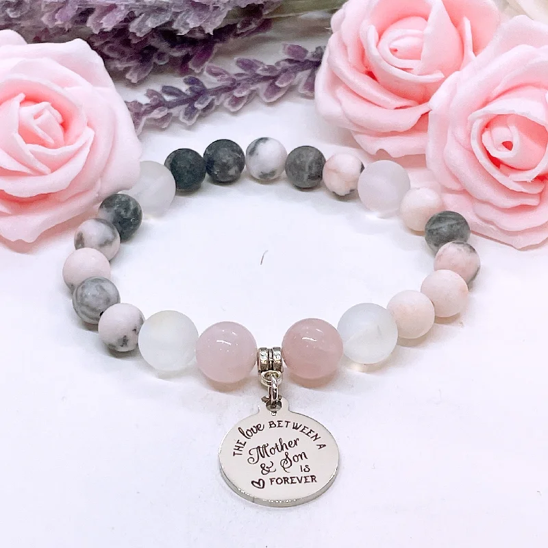 adjustable silver bracelet with gemstone for chakra alignment-The Love Between a Mother and her Son is Forever Classic Charm Bracelet Rose Quartz