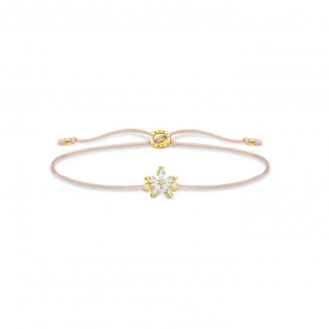 personalized leather bracelet with engraved message for family-Silver Gold Plated Nylon Zirconia Beige Flower Bracelet LS119-379-19-L20V