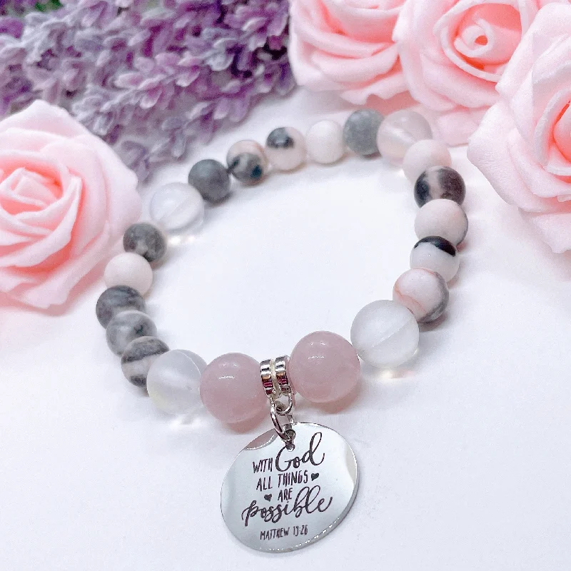 adjustable silver bracelet with gemstone for chakra alignment-With God All Things are Possible Matthew 19:26 Classic Charm Bracelet Rose Quartz