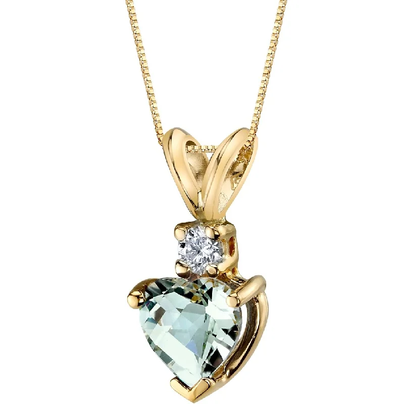 silver pendant necklace with personalized charm for bridesmaids -0.75 ct Heart Shape Green Amethyst and Diamond Pendant in 14k Yellow Gold