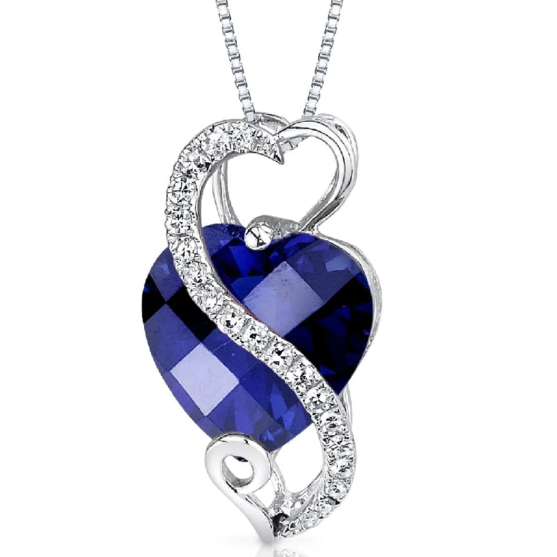 celestial pendant necklace with personalized engraving -14k White Gold Blue Sapphire Diamond Pendant Heart Shape 3.85 ct