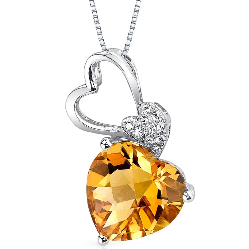 women’s pendant necklace with custom engraving for brides -14k White Gold Citrine Diamond Pendant Heart Shape 2.47 ct