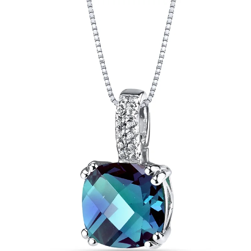 custom pendant necklace for anniversary with gemstone -14K White Gold Created Alexandrite Pendant Cushion Checkerboard Cut 3.50 Carats