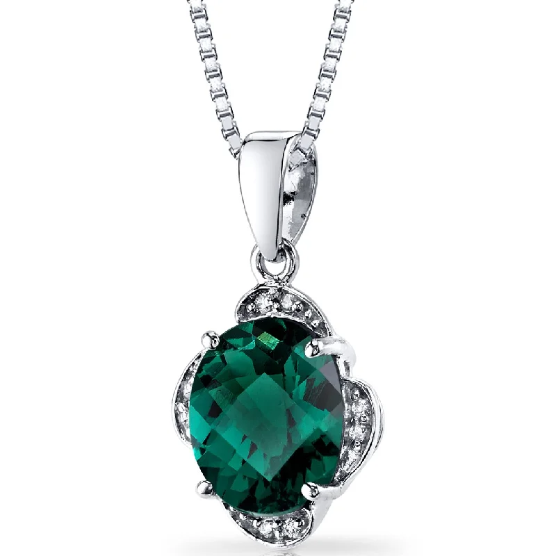 personalized pendant necklace with charm for family gift -14K White Gold Created Emerald Diamond Pendant Checkerboard Cut 2.5 Carats Total