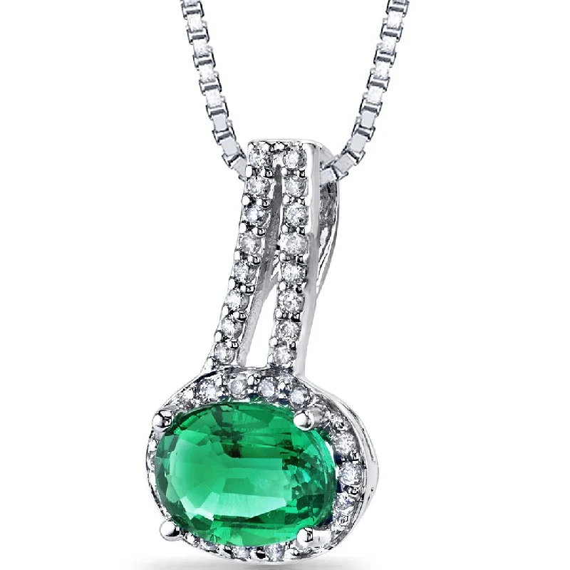 custom pendant necklace with crystal for best friend -14K White Gold Created Emerald Diamond Pendant Oval Cut 1.25 Carats Total