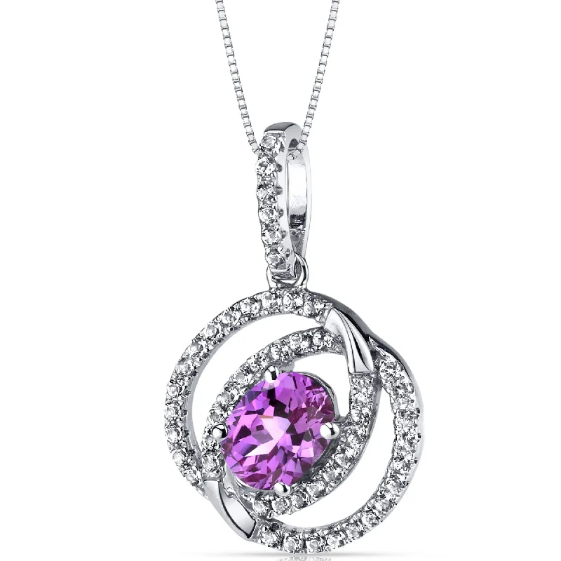 gold pendant necklace with custom engraving and gemstone -14k White Gold Created Pink Sapphire Pendant Halo 1.50 cts