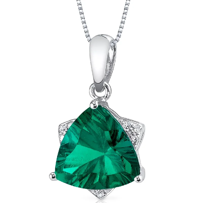 sterling silver pendant necklace with custom charm -14k White Gold Emerald Diamond Pendant Trillion Cut 2.27 ct