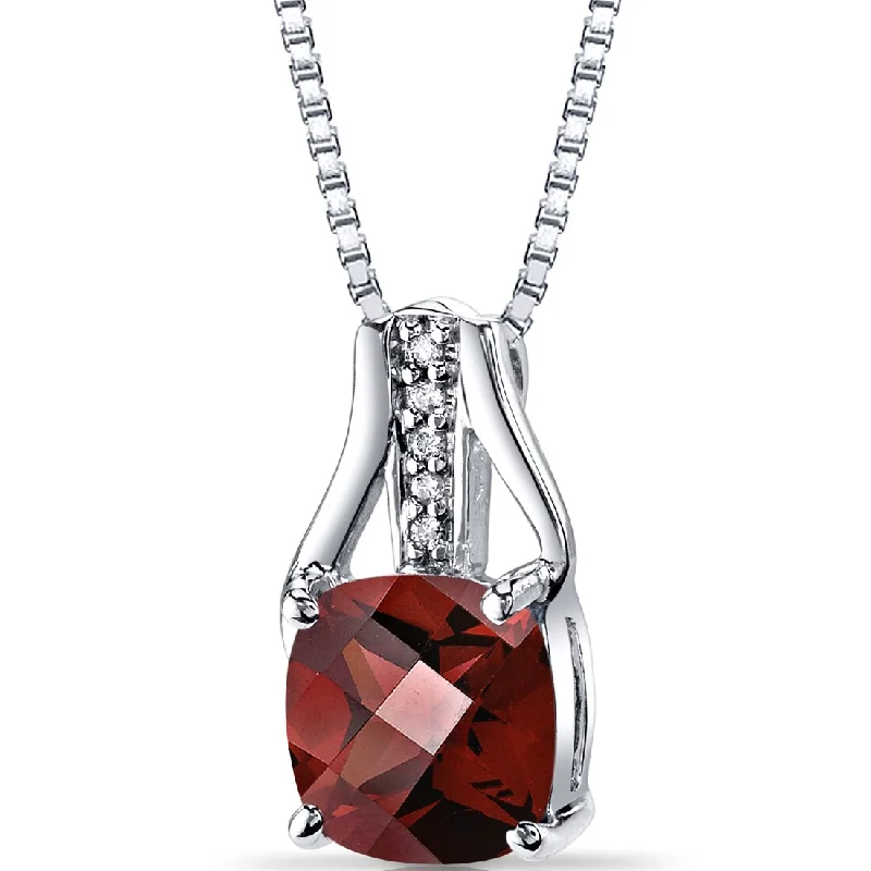 silver pendant necklace with personalized charm for men -14K White Gold Garnet Diamond Pendant Cushion Checkerboard Cut 2.5 Carats Total