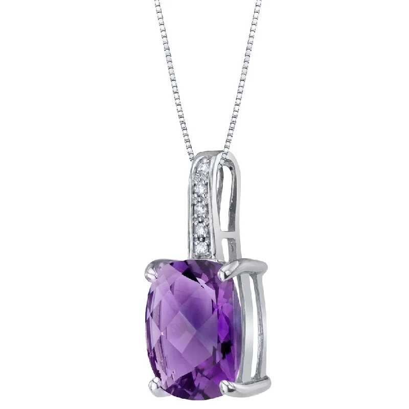 personalized pendant necklace for family celebration -14k White Gold Genuine Amethyst and Diamond Cushion Cut Cosmo Pendant 2.50 cts