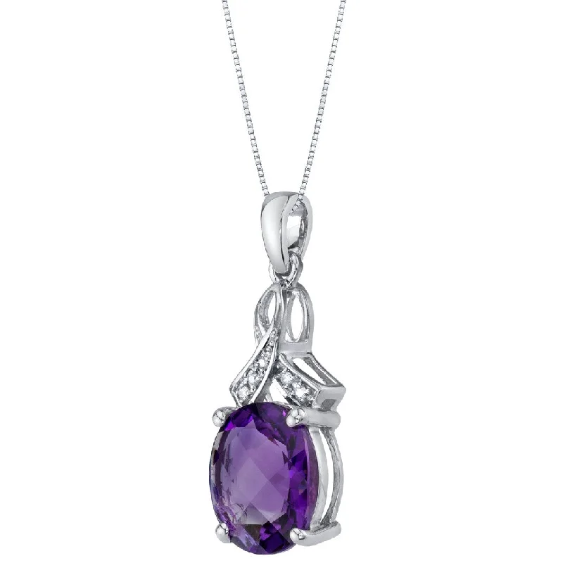 silver pendant necklace with custom engraving -14k White Gold Genuine Amethyst and Diamond Soul Pendant 3 cts Oval Shape