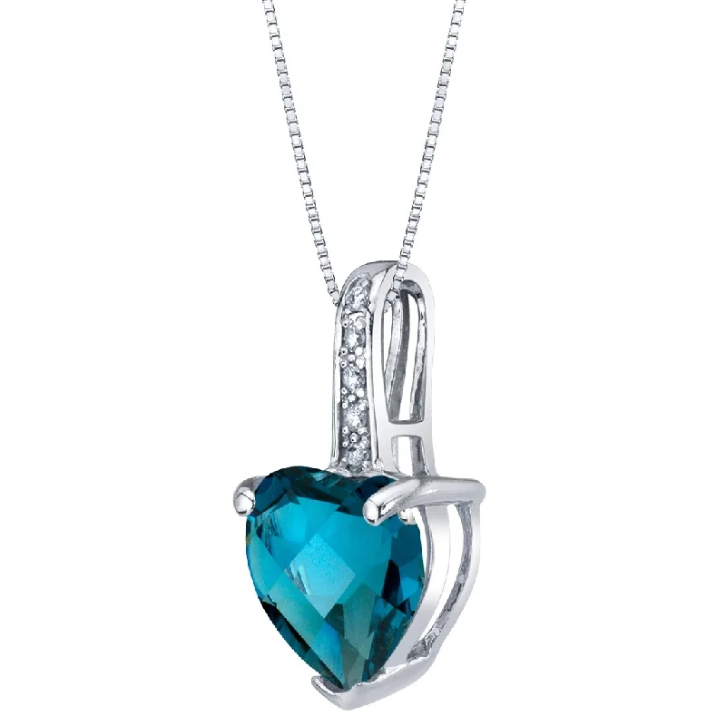 women’s pendant necklace with custom gemstone engraving -14k White Gold Genuine London Blue Topaz and Diamond Heart Pendant 2 cts