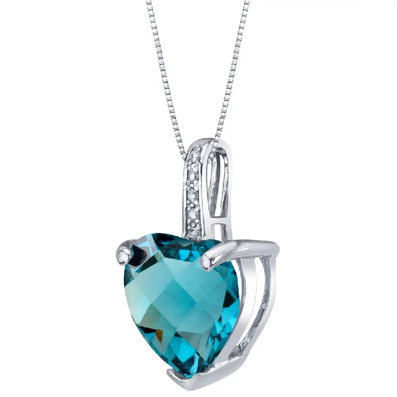 personalized pendant necklace with letter engraving -14k White Gold Genuine London Blue Topaz and Diamond Heart Pendant 4 cts