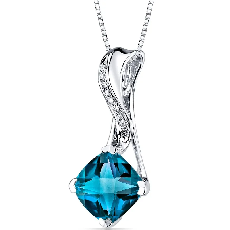 custom pendant necklace with crystal charm for anniversary -14k White Gold London Blue Topaz Diamond Pendant Cushion Cut 2.6 ct