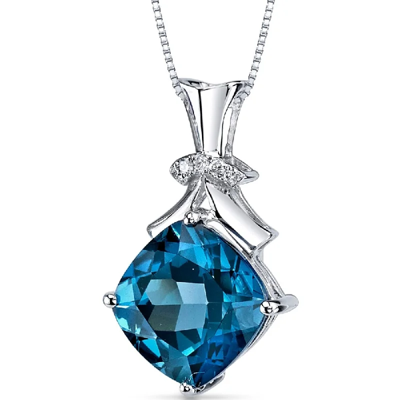 custom engraved pendant necklace with date -14k White Gold London Blue Topaz Diamond Pendant Cushion Cut 6.2 ct