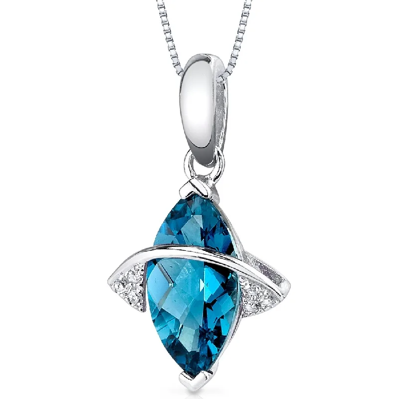 personalized nameplate pendant necklace for brides -14k White Gold London Blue Topaz Diamond Pendant Marquise 1.95 ct