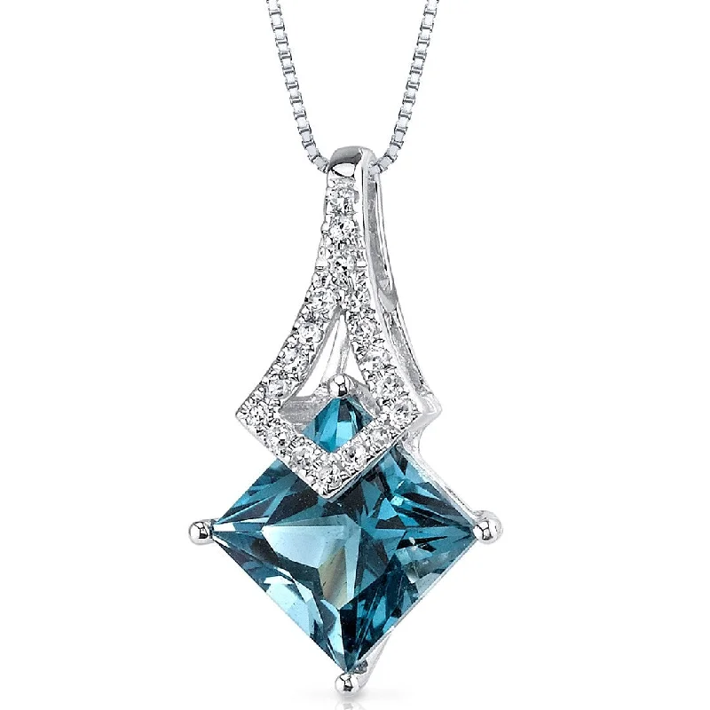 custom pendant necklace for engagement gifts -14k White Gold London Blue Topaz Diamond Pendant Princess Cut 1.99 ct