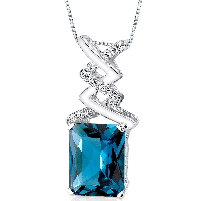 women’s pendant necklace with birthstone charm and message -14k White Gold London Blue Topaz Diamond Pendant Radiant Cut 3.49 ct