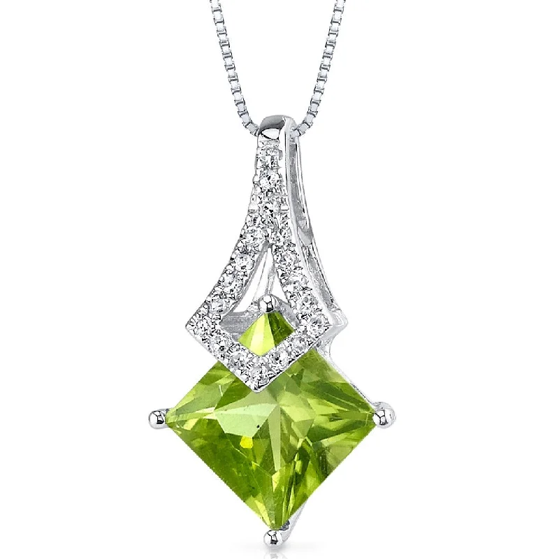 women’s gemstone pendant necklace with custom initials -14k White Gold Peridot Diamond Pendant Princess Cut 2 ct