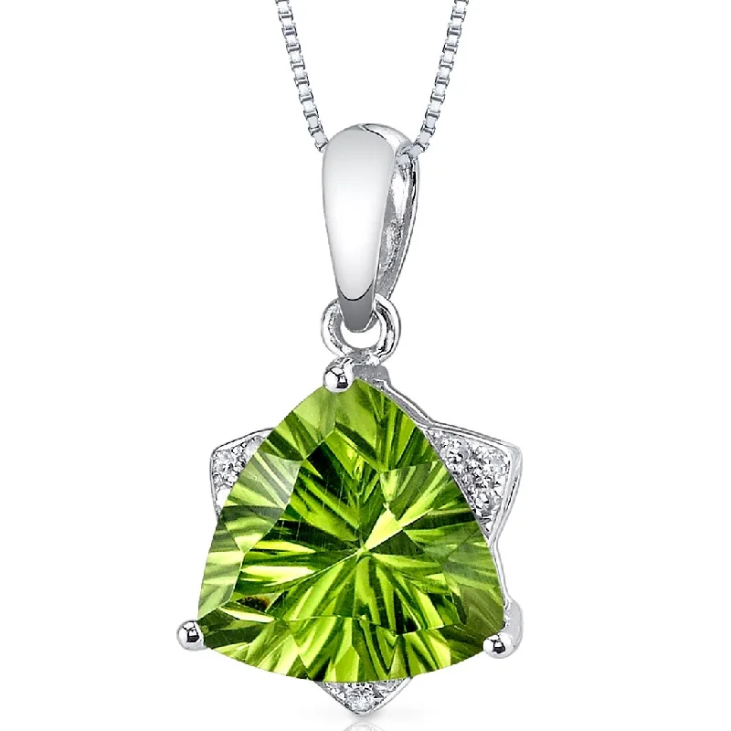 silver pendant necklace with initials and charm for brides -14k White Gold Peridot Diamond Pendant Trillion Cut 2.74 ct