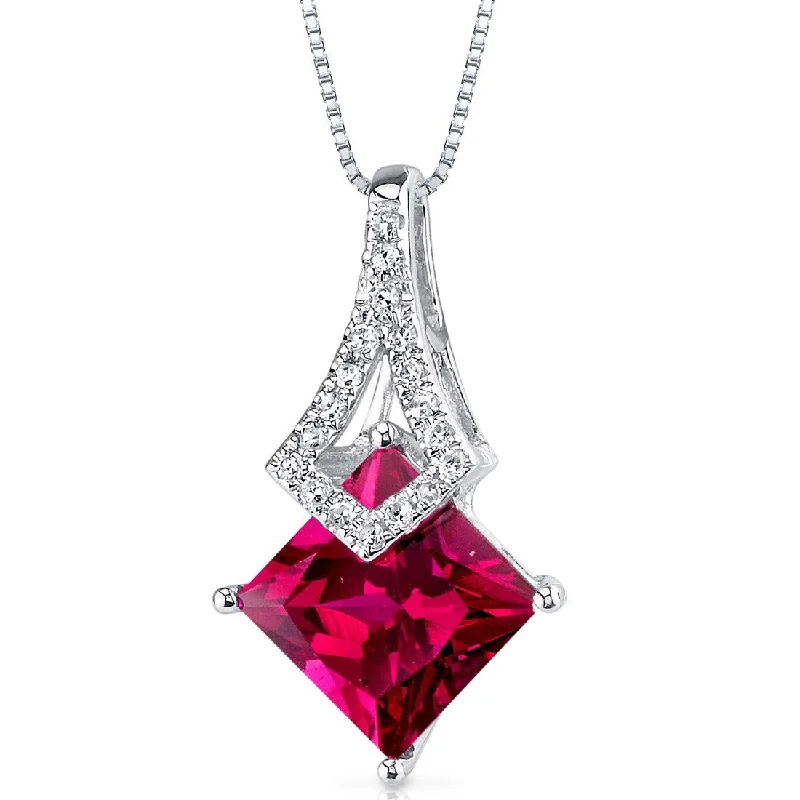 custom pendant necklace for anniversary with custom engraving -14k White Gold Ruby and Diamond Pendant Princess Cut 2.4 ct