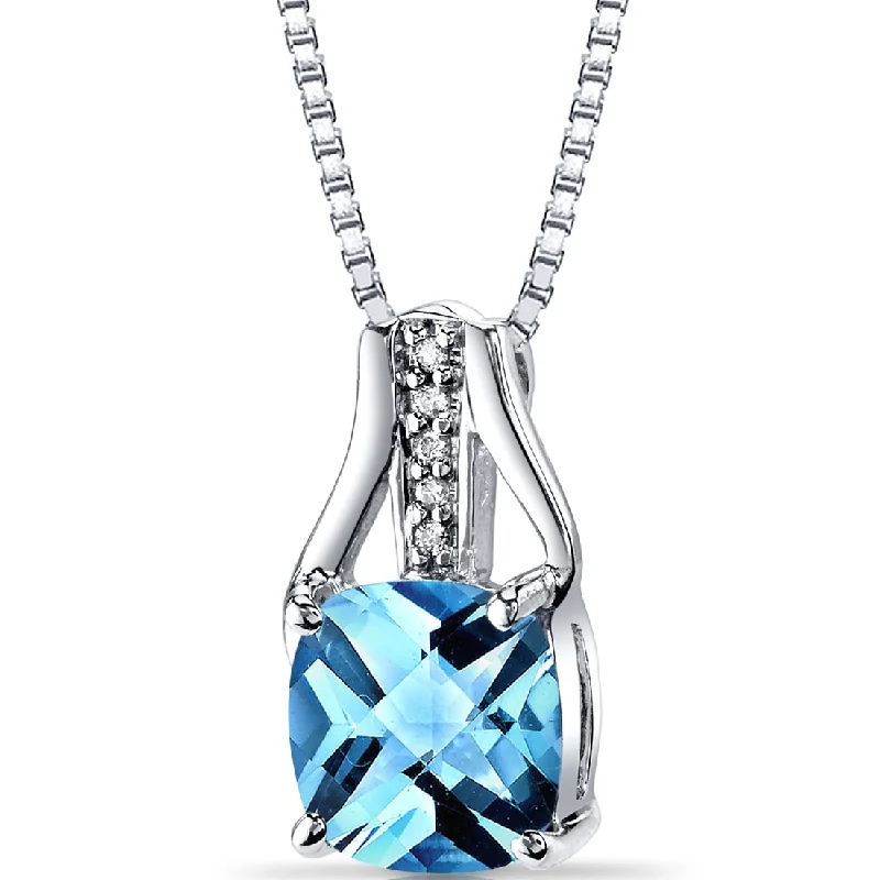 gold pendant necklace with custom engraving for anniversary -14K White Gold Swiss Blue Topaz Diamond Pendant Cushion Checkerboard Cut 2.5 Carats Total