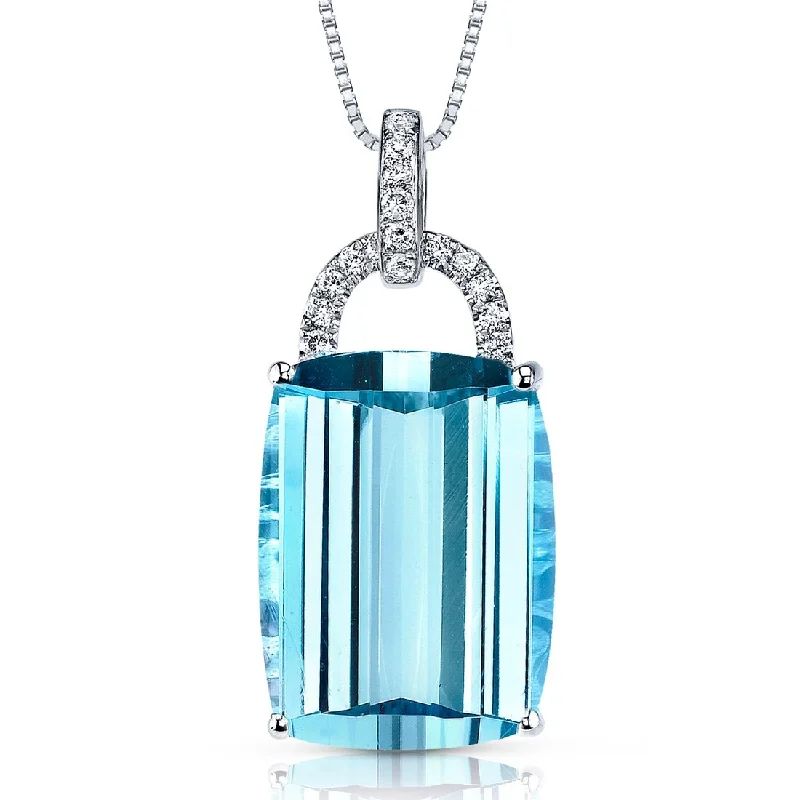 women’s gold pendant necklace with initials engraving -14k White Gold Swiss Blue Topaz Diamond Pendant Cushion Cut 14 ct