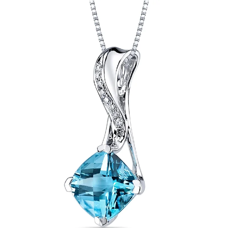 custom pendant necklace with pearl charm for wedding -14k White Gold Swiss Blue Topaz Diamond Pendant Cushion Cut 2.6 ct