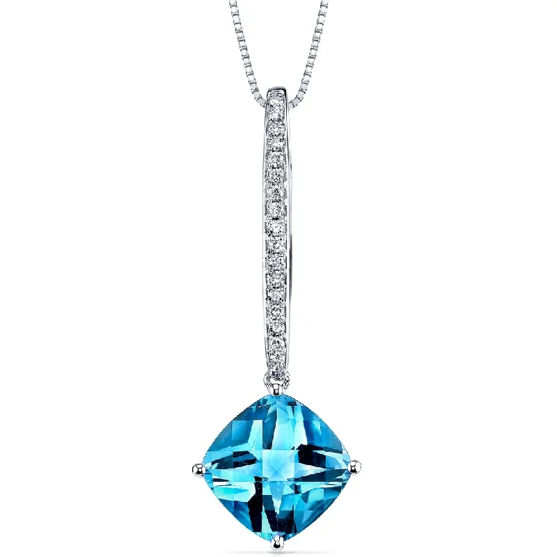 celestial pendant necklace with crystal for women -14k White Gold Swiss Blue Topaz Diamond Pendant Cushion Cut 4 ct