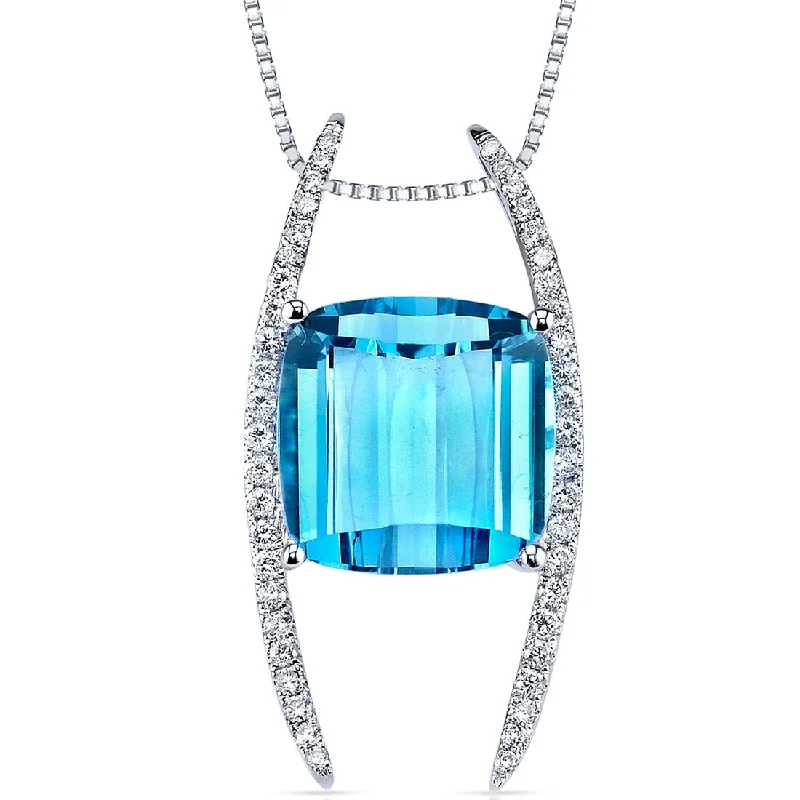 custom pendant necklace with gemstone and charm for wedding -14k White Gold Swiss Blue Topaz Diamond Pendant Cushion Cut 8 ct