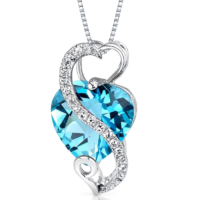 gold pendant necklace with moonstone charm for bride -14k White Gold Swiss Blue Topaz Diamond Pendant Heart Shape 3.02 ct