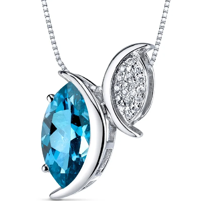 gold pendant necklace with custom engraving and gemstone -14k White Gold Swiss Blue Topaz Diamond Pendant Marquise Cut 1.9 ct