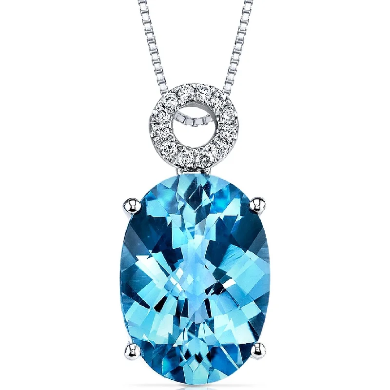 engraved pendant necklace with name for couples -14k White Gold Swiss Blue Topaz Diamond Pendant Oval 5.5 ct