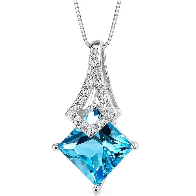 custom pendant necklace with gemstone for wedding -14k White Gold Swiss Blue Topaz Diamond Pendant Princess Cut 2.09 ct