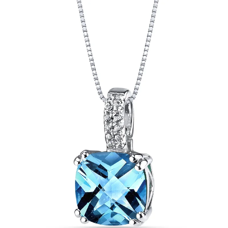 silver pendant necklace with crystal and heart charm -14K White Gold Swiss Blue Topaz Pendant Cushion Checkerboard Cut 3.50 Carats